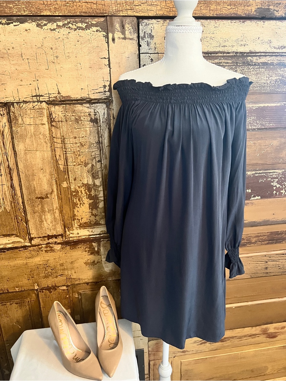 Jenny Han Pure Silk Off Shoulder Dress | Navy Blue Boho Shift Dress Size L